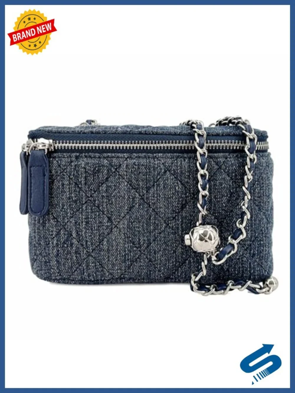 Quilted Denim Mini Crossbody Bag with Chain Strap, Boxy Vanity Case Satchel
